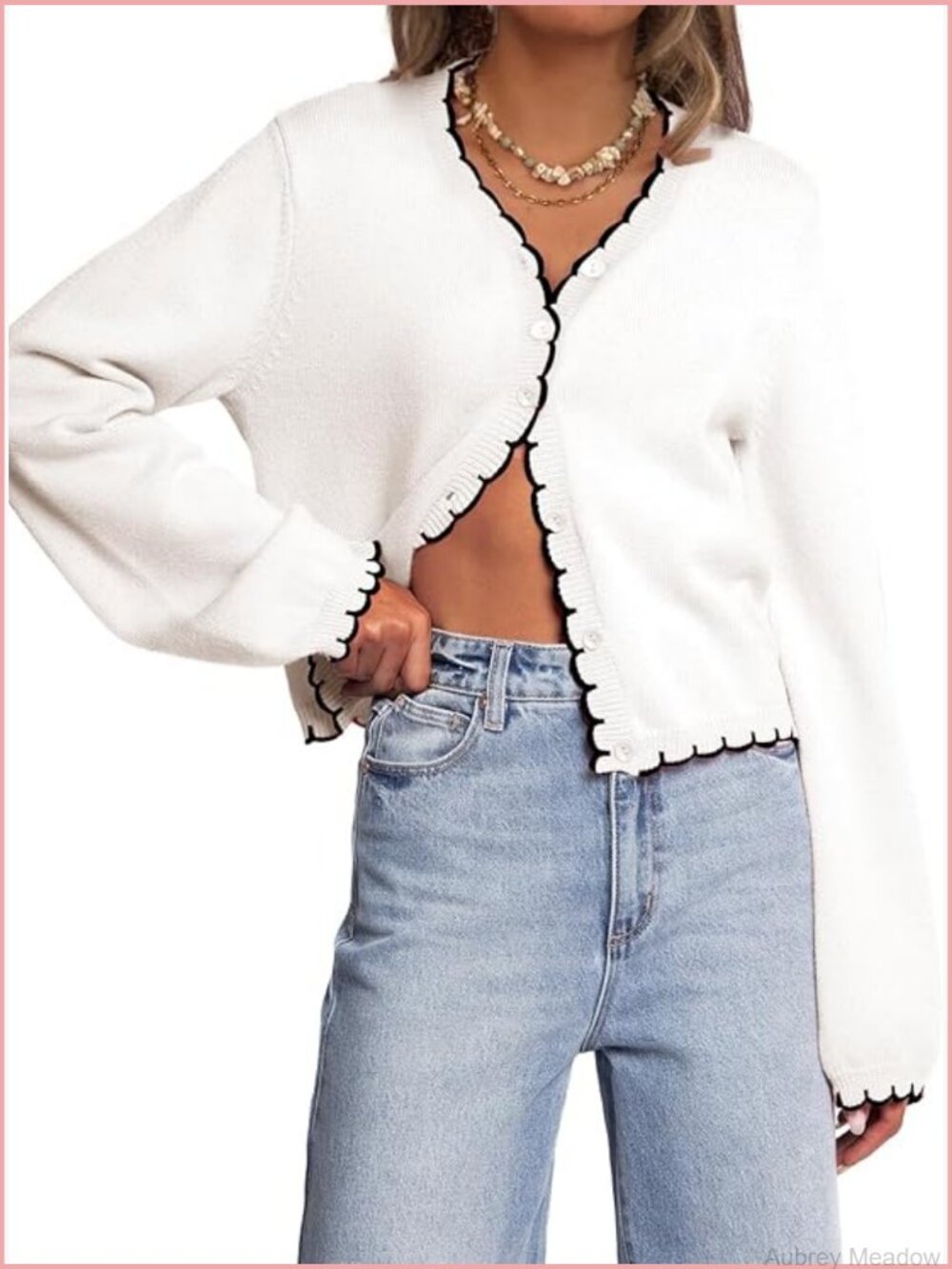Long Sleeve Cardigan Button Down Knit Open Front Cropped Contrast Trim Sweater - Picture 1 of 7